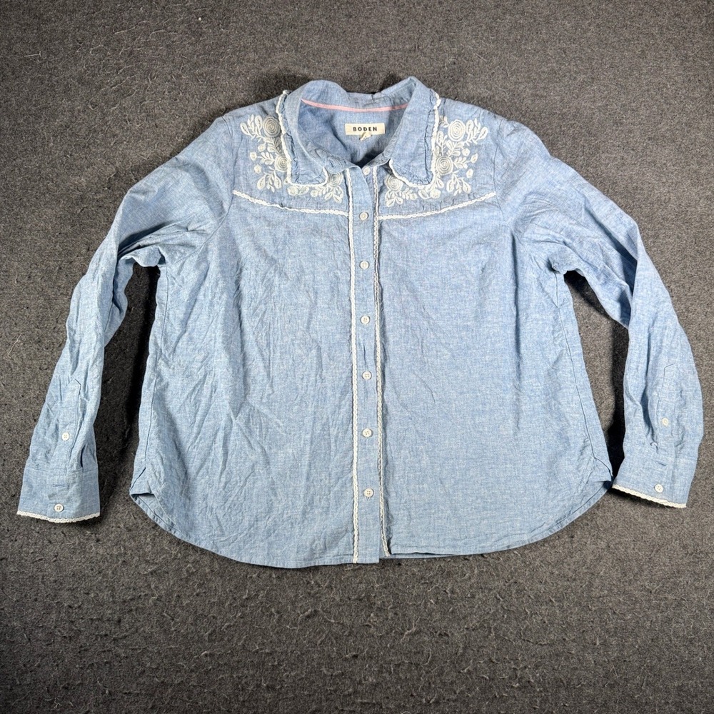 Boden Blue Cotton Embroidered Lace Trim Button Down Shirt Womens US 20-22 UK 22